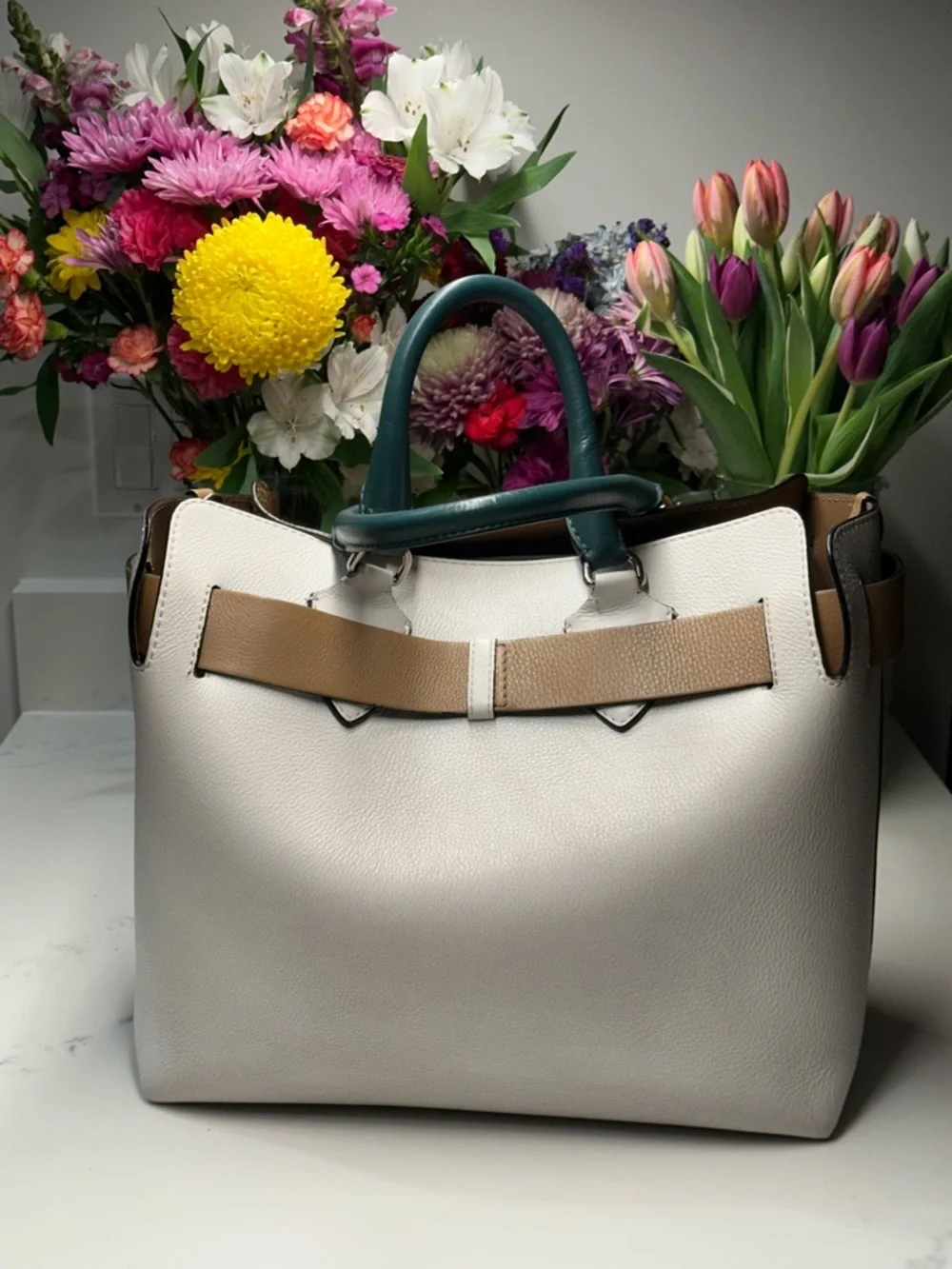 Burberry Tan White Leather Tote with Dark Green Handles